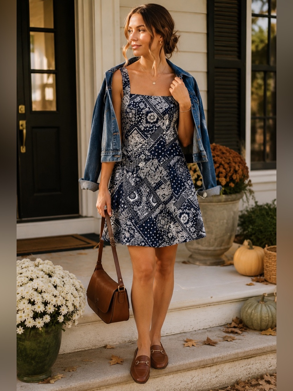 Monteau NWT Navy Bandana Print Linen Blend Mini Dress M Fall Western